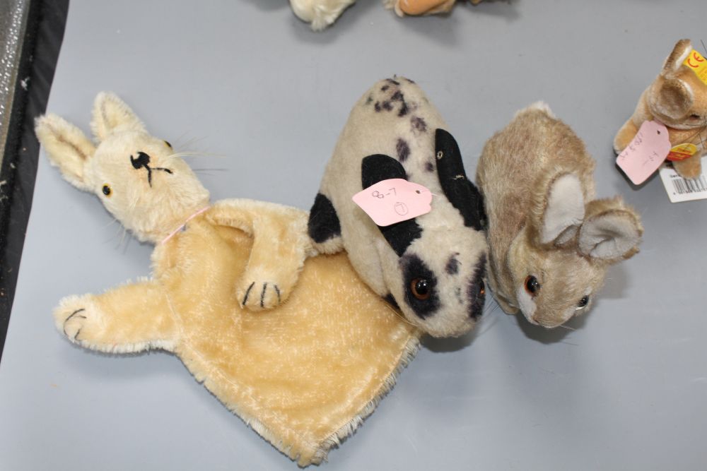 A collection of mostly Steiff soft toy rabbits